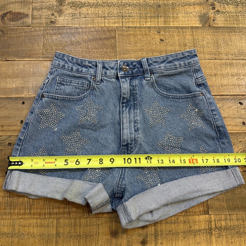 Hot Topic Blue Denim High Waisted Shorts Rhinestone Stars Junior's Size 5 (27"W) - Picture 14 of 16